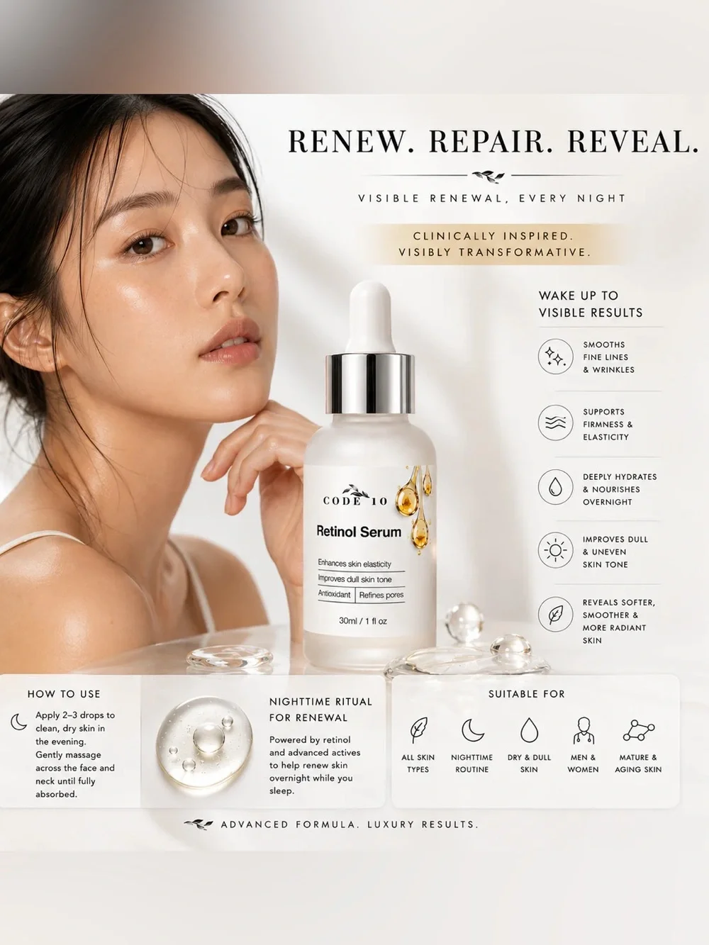 CODE 10 Retinol Serum - 30ml / 1 fl oz NEW